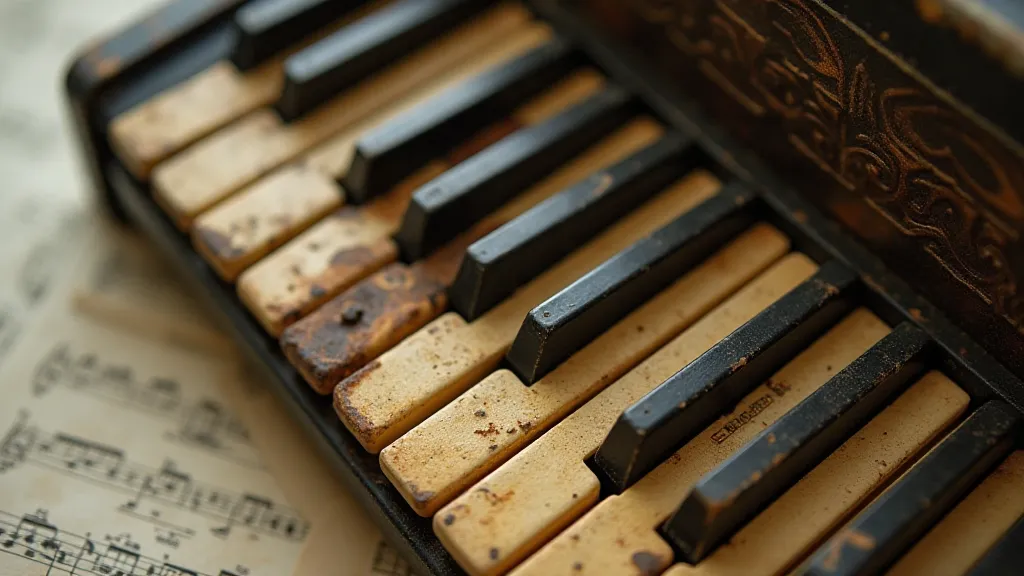 Antique accordion keys and sheet music