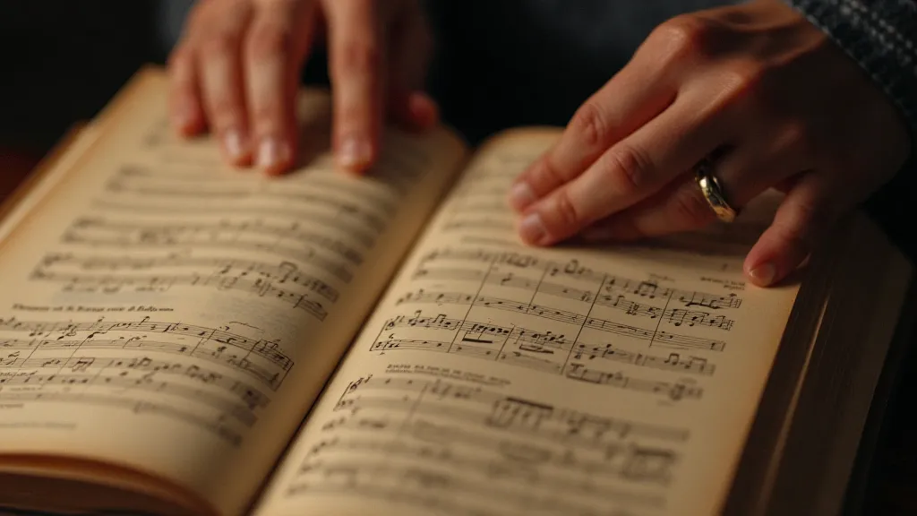 Hands turning pages of vintage sheet music.