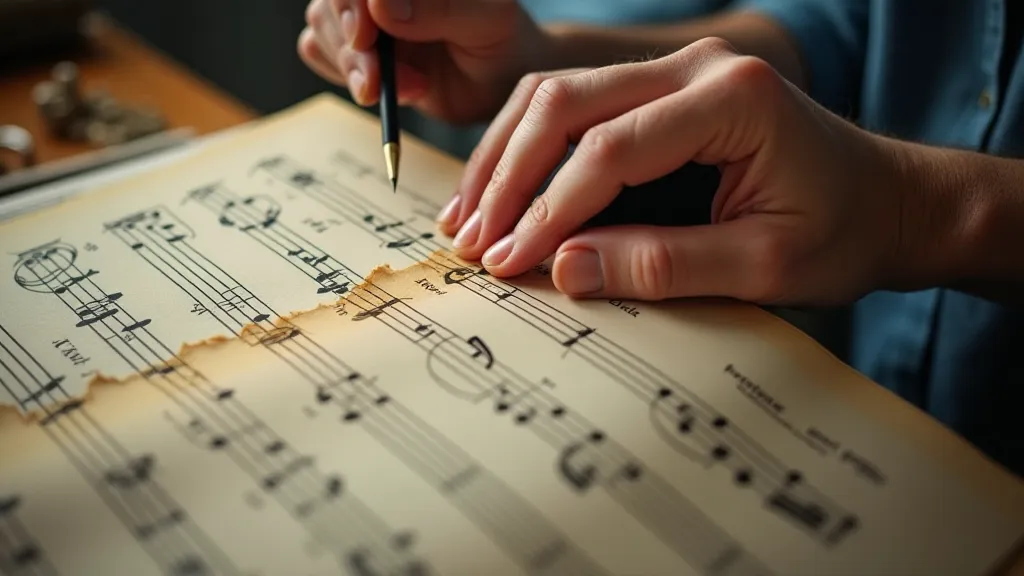 Restorer repairing vintage sheet music