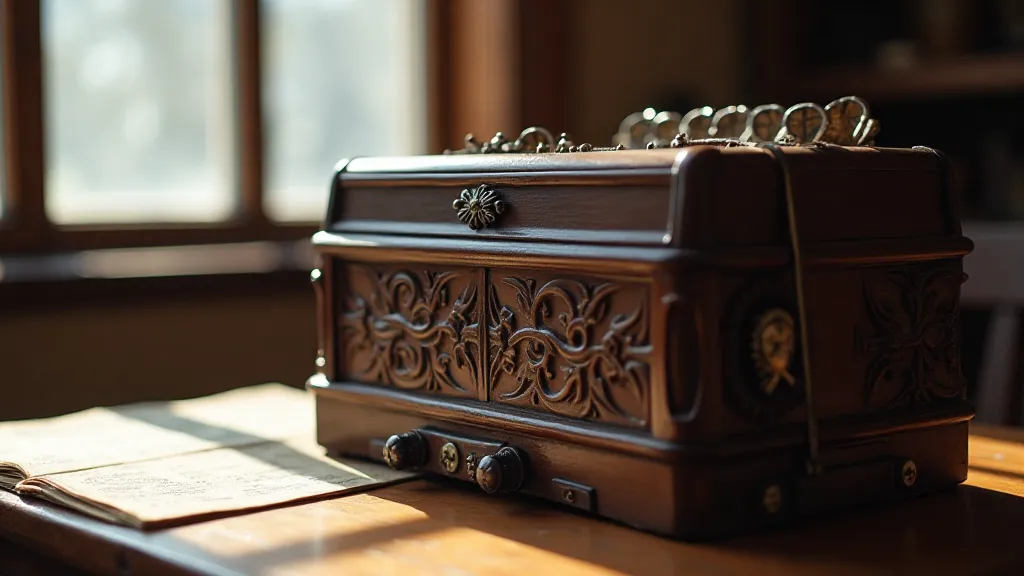 Vintage accordion and sheet music on a wooden table.